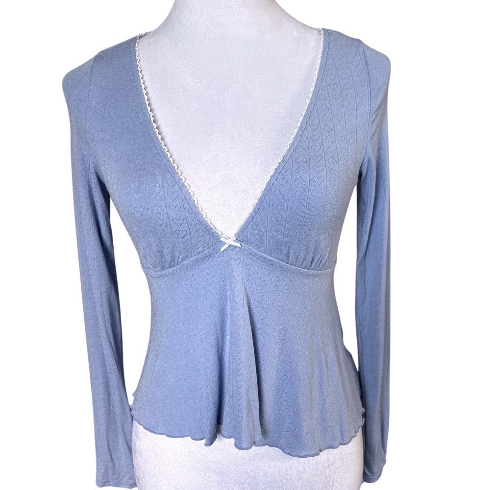 Aeropostale Babydoll Top XS Blue Lace Trim Pointelle Balletcore Long Sleeve Bow